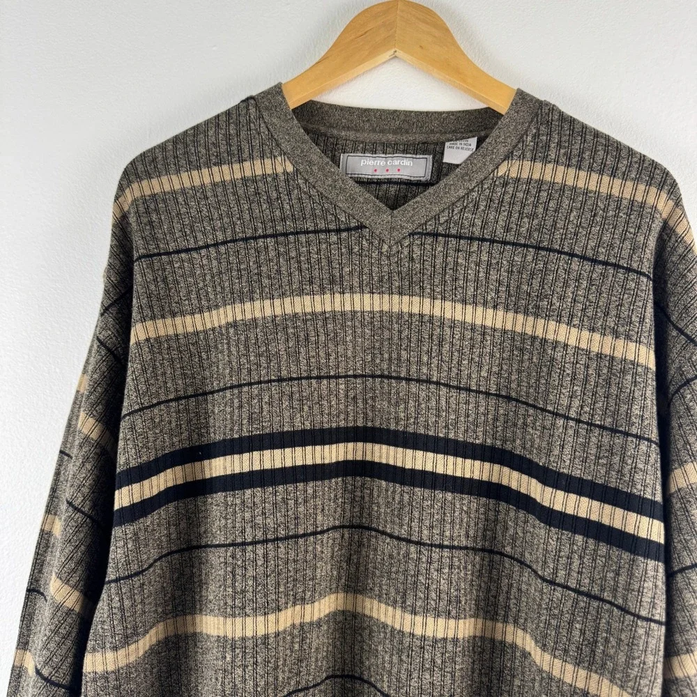 Pierre Cardin Mens‎ XL Brown Striped V-Neck 100% Cotton Ribbed Knit Sweater